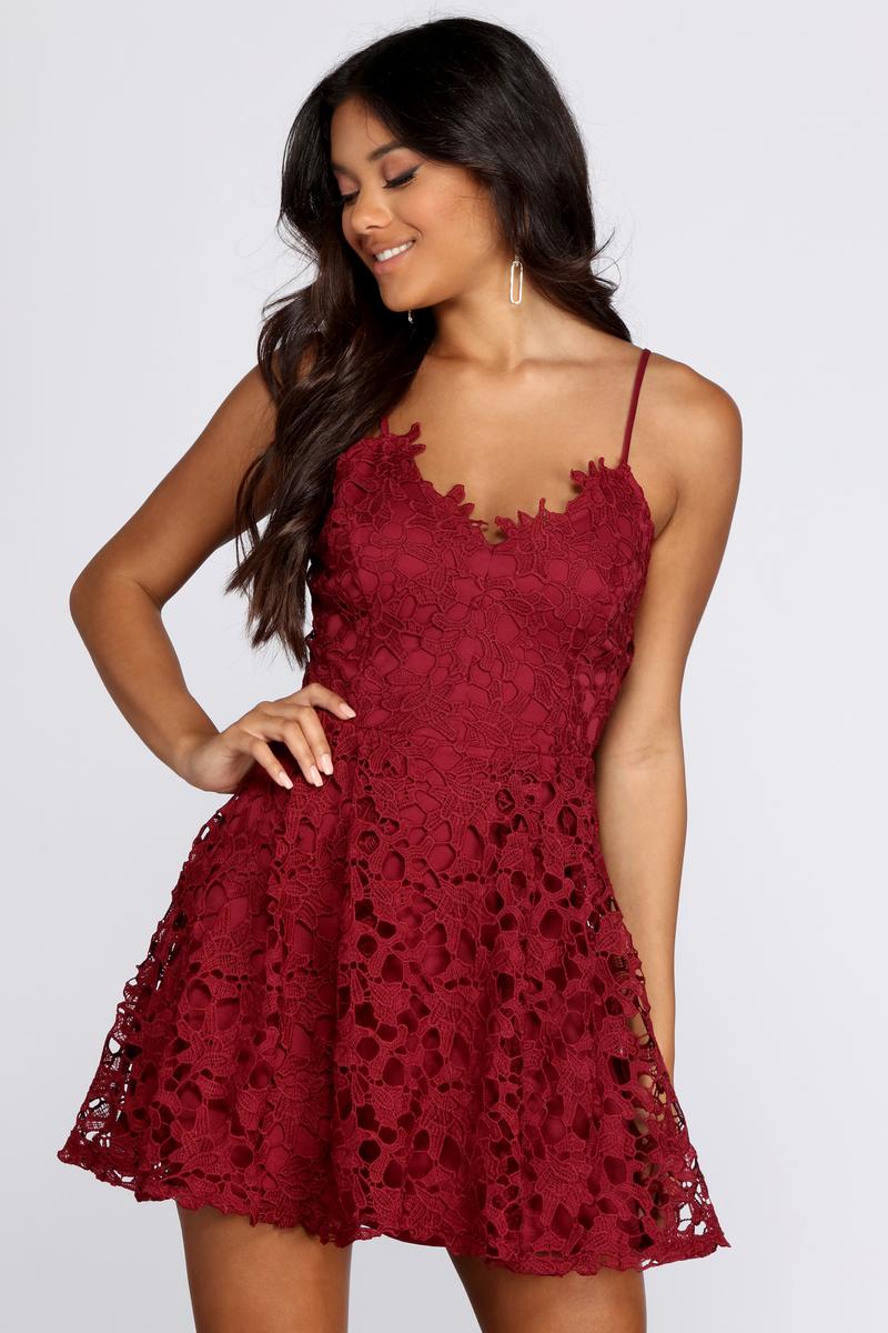 burgundy lace skater dress Wine Lace Mini Dress - Lace Skater Dress - Plunge Bodice Skater
